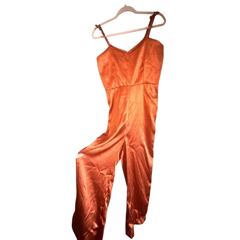 Hand Made Burnt Orange Satin Wide Leg Jumpsuit Spaghetti Strap Bow My Bow